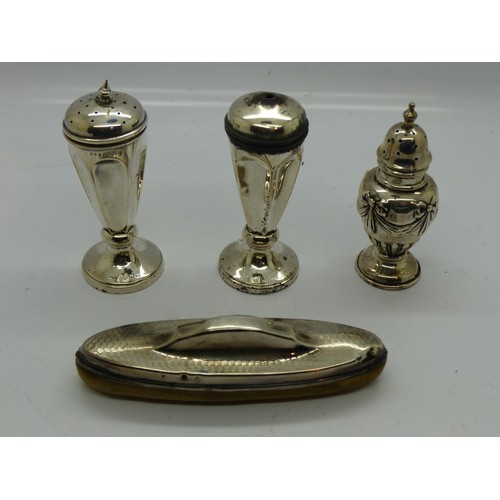 195 - Hallmarked silver salt and pepper shaker, a further salt shaker and a hallmarked silver topped nail ... 