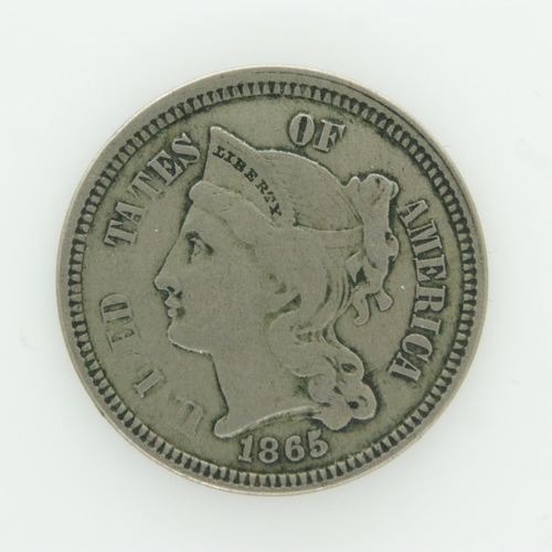 2024 - 1865 - Silver 3 Cents of Colonial USA - nVF grade. UK P&P Group 0 (£6+VAT for the first lot and £1+V... 