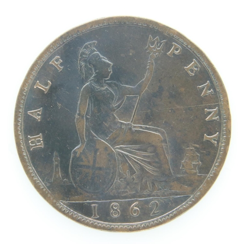 2066 - 1862 - Bronze halfpenny of Queen Victoria - gVF grade. UK P&P Group 0 (£6+VAT for the first lot and ... 