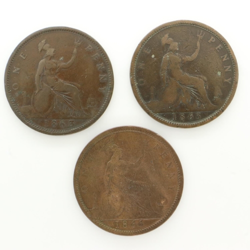 2095 - Three early bronze pennies of Queen Victoria - circulated F+. UK P&P Group 0 (£6+VAT for the first l... 