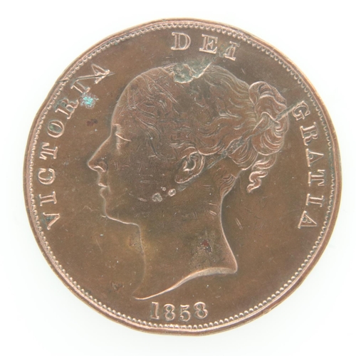 2113 - 1858 penny of Queen Victoria - VF grade, scratches. UK P&P Group 0 (£6+VAT for the first lot and £1+... 