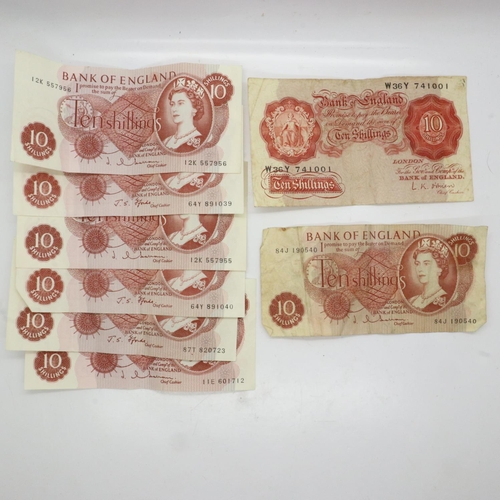 2172 - Eight 10 shilling notes, including an early OBrien example. UK P&P Group 1 (£16+VAT for the first lo... 