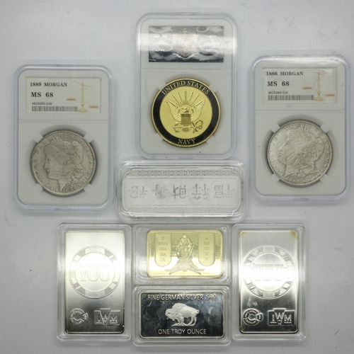 2230 - Mixed replica world coins, slabbed, with fantasy bar specimens. UK P&P Group 1 (£16+VAT for the firs... 