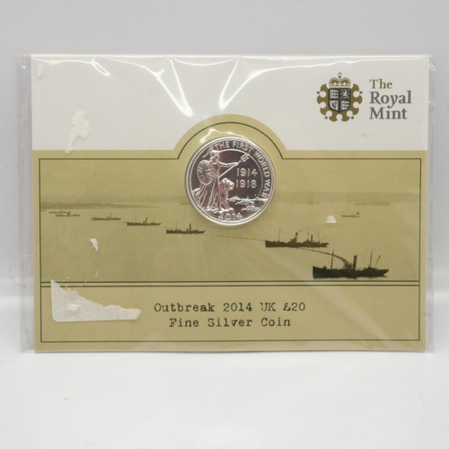 2233 - 2014 silver bullion £20 coin, Outbreak of WWI centenary. UK P&P Group 0 (£6+VAT for the first lot an... 