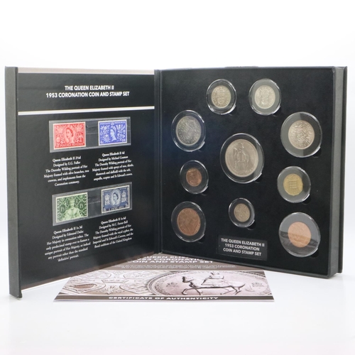 2254 - The QEII 1953 Coronation Coin & Stamp Set, Hattons of London, boxed with CoA. UK P&P Group 1 (£16+VA... 