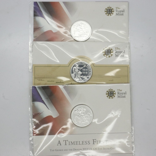 2276 - Three silver bullion £20 coins. UK P&P Group 1 (£16+VAT for the first lot and £2+VAT for subsequent ... 