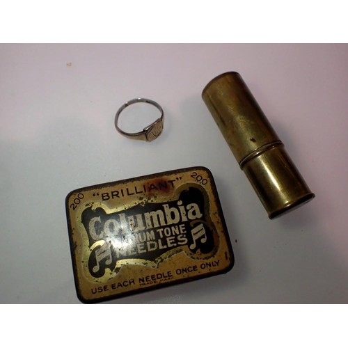 1073 - 9ct gold on silver ring, a brass lighter and a metal needle box. UK P&P Group 1 (£16+VAT for the fir... 