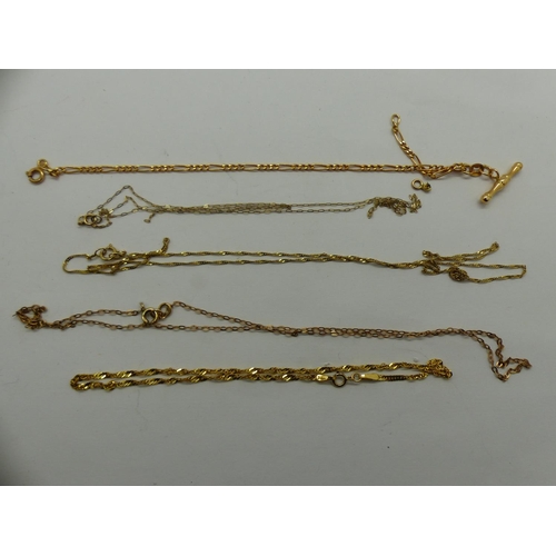 73 - Three 9ct gold fine link neck chains and two 9ct gold bracelets, combined 4.5g. UK P&P Group 0 (£6+V... 