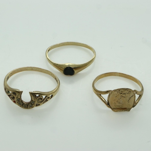 71 - Three 9ct gold rings, combined 3.4g. UK P&P Group 0 (£6+VAT for the first lot and £1+VAT for subsequ... 