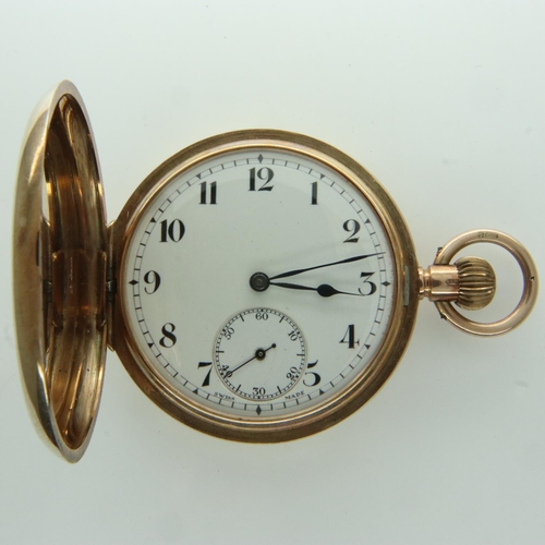 106 - 9ct gold full hunter crown wind pocket watch, total weight 72.6g, case D: 50 mm. UK P&P Group 1 (£16... 