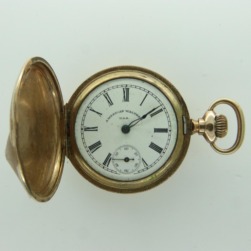 111 - WALTHAM: gold plated crown wind full hunter fob watch, not working at lotting. UK P&P Group 0 (£6+VA... 