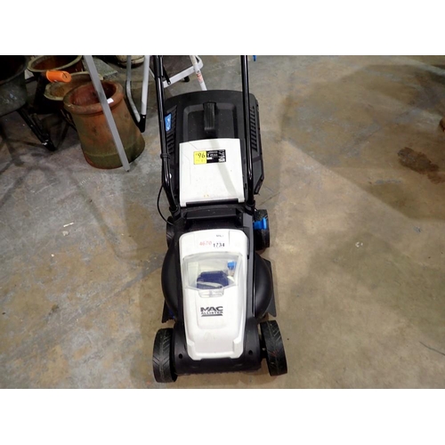 1734 - MacAllister 18V battery lawnmower with battery and charger. model MLM18 Li. Working at lotting. not ... 