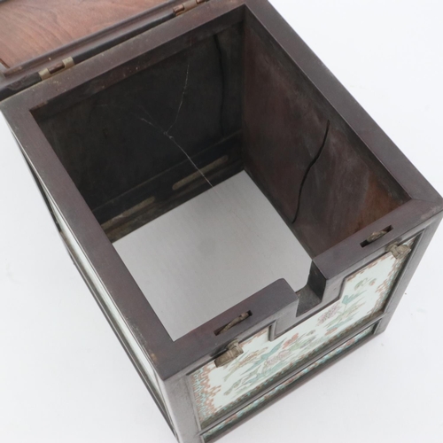 367 - Oriental metal bound tiled box with wooden interior, top tile cracked, 16 x 16 x 20 cm. Crack across... 