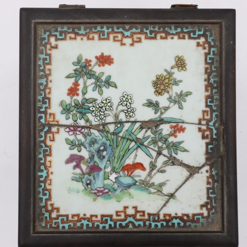 367 - Oriental metal bound tiled box with wooden interior, top tile cracked, 16 x 16 x 20 cm. Crack across... 