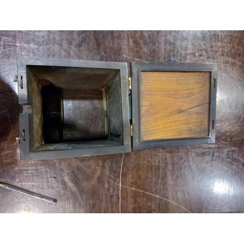 367 - Oriental metal bound tiled box with wooden interior, top tile cracked, 16 x 16 x 20 cm. Crack across... 