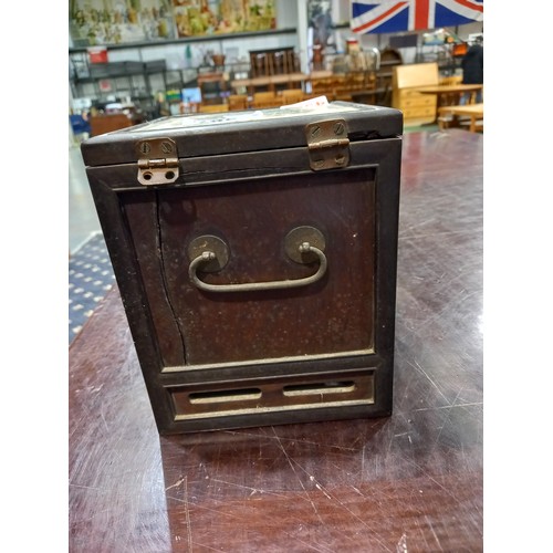 367 - Oriental metal bound tiled box with wooden interior, top tile cracked, 16 x 16 x 20 cm. Crack across... 
