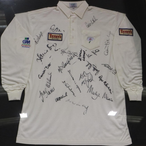 2050 - Cricket white long sleeve 5GM Star shirt, Tetleys, signed by the 1995 Yorkshire Team, professionally... 