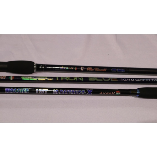 2021 - Three Avanti fishing rods, Electron Blue 10/10 competition feeder, 11ft Barbel and a 12ft waggler. U... 