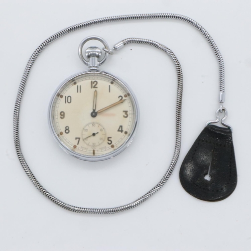 2106 - British WWII military issue chromium cased crown wind pocket watch, numbered verso Q17526, with chai... 