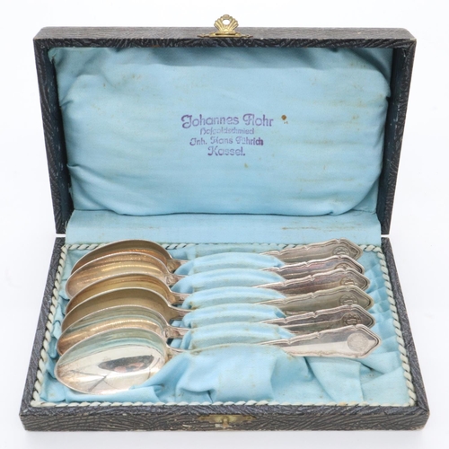 2108 - A set of six 800 silver SS presentation teaspoons, each impressed with SS emblem and within fitted b... 