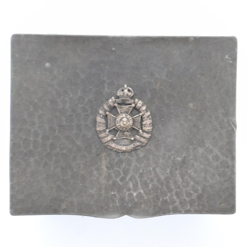 2111 - WWI Period English Made Pewter wood lined cigarette box with insignia of the Rifle Brigade, UK P&P G... 