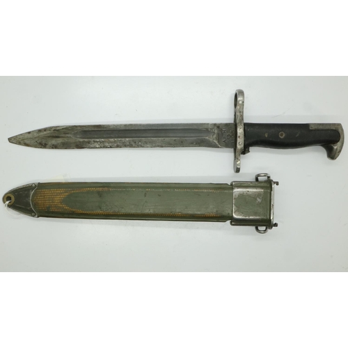 2166 - WWII US M1 Garand Bayonet. Maker A.F.H (American Fork & Hoe) in M7 Scabbard. The metal tip was added... 