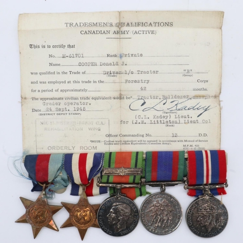 2271 - Canadian WWII medal group to M-61701 Pte D J Cooper, comprising BWM, Defence medal, Volunteer Servic... 