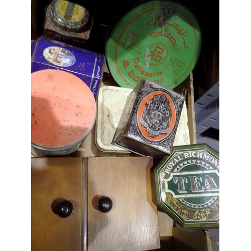 1020 - Box of mixed vintage tins and cantilever jewellery box. Not available for in-house P&P