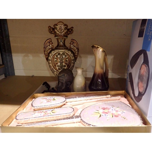 1036 - Mixed items to include embroidered dressing table set and German vase. Not available for in-house P&... 