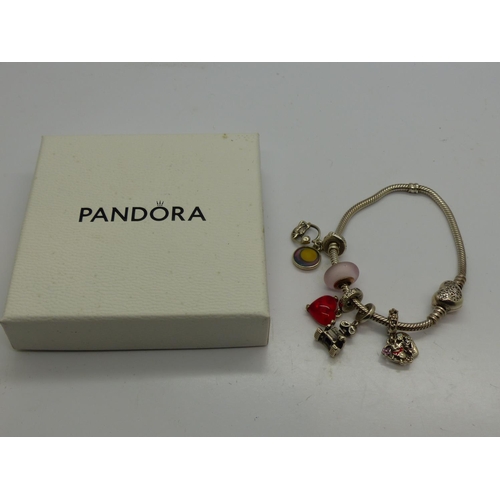 90 - Pandora Disney bracelet with five Disney charms, with box and bag, L: 18 cm. UK P&P Group 1 (£16+VAT... 