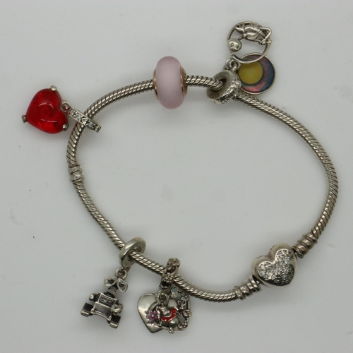 90 - Pandora Disney bracelet with five Disney charms, with box and bag, L: 18 cm. UK P&P Group 1 (£16+VAT... 