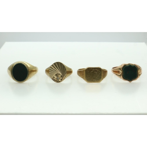15 - Four 9ct gold gents signet rings, combined weight 21.6g. UK P&P Group 1 (£16+VAT for the first lot a... 