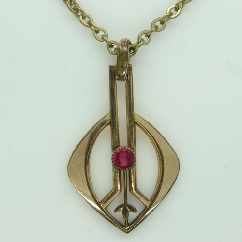 52 - Edwardian rolled gold pendant necklace and chain set with red stone. UK P&P Group 0 (£6+VAT for the ... 