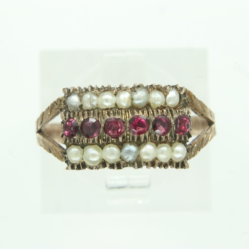 64 - Antique 9ct gold ring set with garnet and seed pearl, size N, 1.4g. UK P&P Group 0 (£6+VAT for the f... 