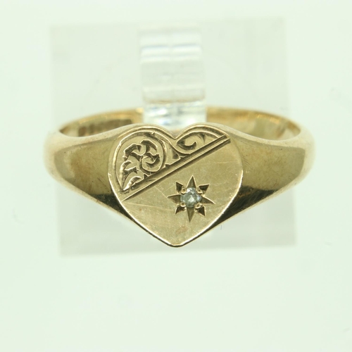 82 - 9ct gold diamond set heart shaped signet ring, size N, 2.5g. UK P&P Group 0 (£6+VAT for the first lo... 