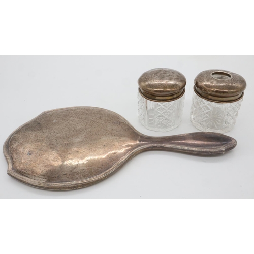 123 - Hallmarked silver mirror and two pots. UK P&P Group 2 (£20+VAT for the first lot and £4+VAT for subs... 