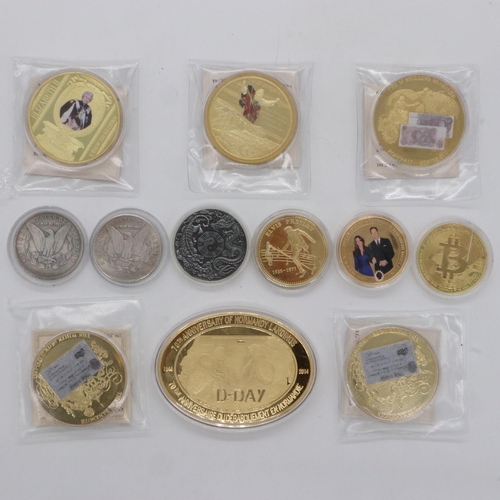 141 - Collection of gold plated commemorative coins and certified medallions to include 3 restrike issues.... 