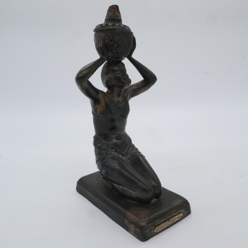 159 - Spelter kneeling deity with plaque for the 1931 Paris Exposition Colonials, H: 29 cm. UK P&P Group 2... 