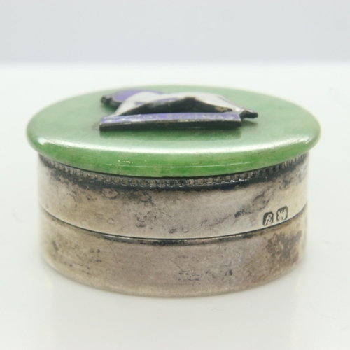 169 - Small hallmarked silver pill box with enamel top for the Wembley 1924 Exposition D: 26 mm. UK P&P Gr... 