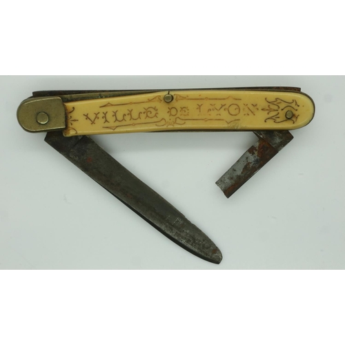 172 - Souvenir twin blade penknife from the Ville De Lyon at the 1894 Exposition, one blade broken. UK P&P... 