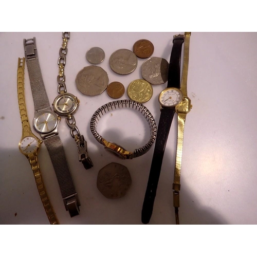 1111 - Mixed ladies wristwatches and coins. UK P&P Group 1 (£16+VAT for the first lot and £2+VAT for subseq... 