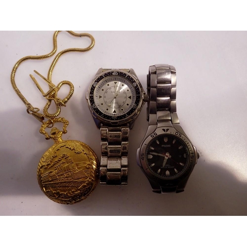 1131 - Two wristwatches, Bouifrey & Pulsar, and a gold plated pocket watch by Rojas. UK P&P Group 1 (£16+VA... 