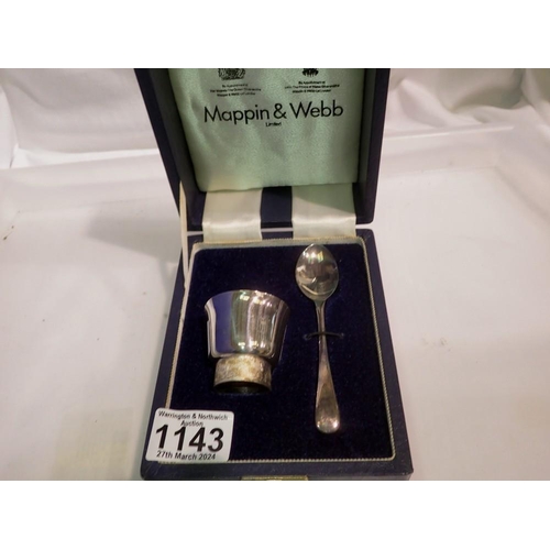 1143 - Boxed Mappin & Webb silver plated christening set of egg cup and spoon. UK P&P Group 1 (£16+VAT for ... 
