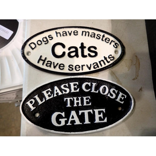 1784 - Two cast iron signs, Dogs Have Masters, Cats Have Servants, and Please Close The Gate, largest L: 20... 