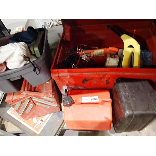 1806 - Two metal tool chests containing petrol cans, tools, trolley jack, Karcher. Not available for in-hou... 