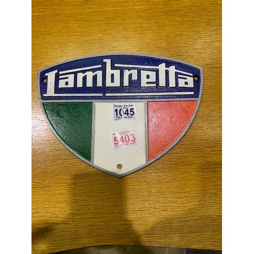 1045 - Cast iron Lambretta sign, L: 25 cm. UK P&P Group 2 (£20+VAT for the first lot and £4+VAT for subsequ... 