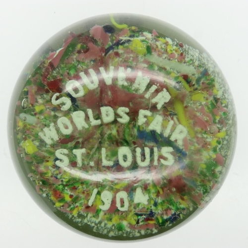 166 - Circular glass paperweight for the St Louis Worlds fair 1904. Wear to base, some scratches to top, n... 