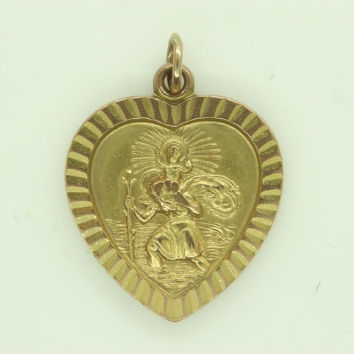 70 - 9ct gold heart-form St Christopher pendant, drop L: 23 mm, 2.9g. UK P&P Group 0 (£6+VAT for the firs... 