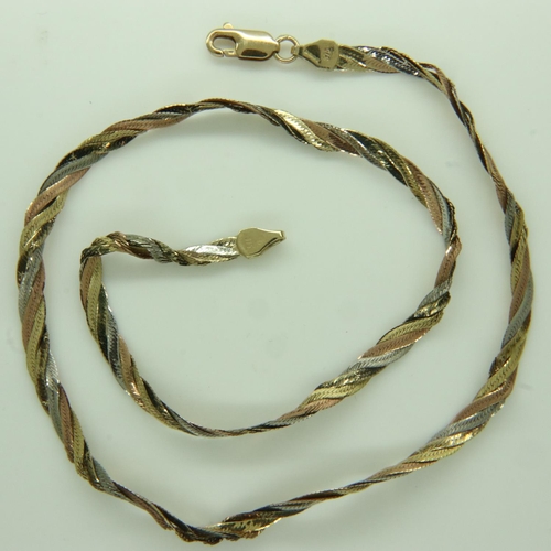 73 - 9ct tri-gold necklace, damaged, 6.3g. UK P&P Group 0 (£6+VAT for the first lot and £1+VAT for subseq... 