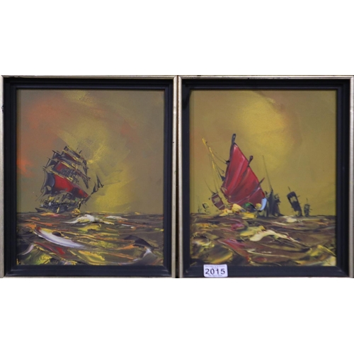 2015 - George Richard Deakins (1911-1981): a pair of impasto oils on board, masted ships at sea, each 24 x ... 